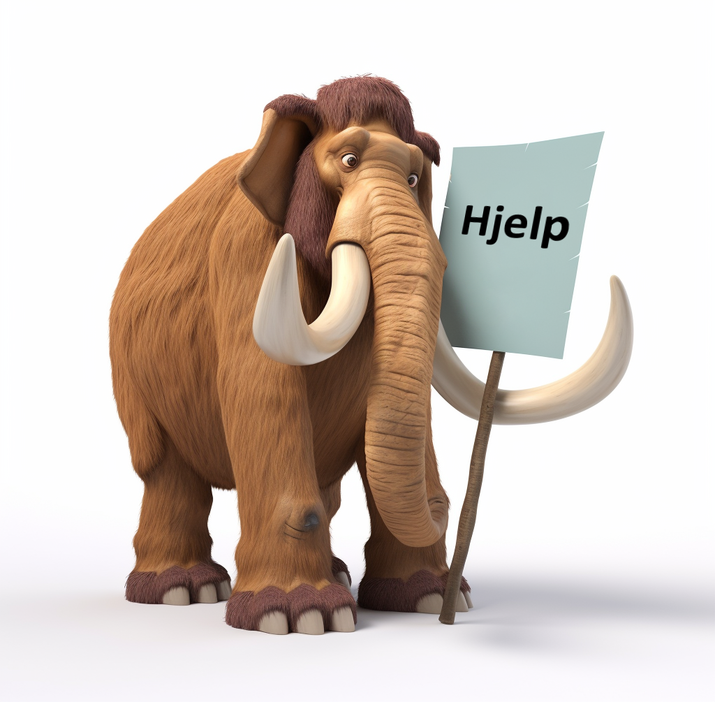 illustrasjon av en mamut som holder et skilt hvor det står skrevet "hjelp"