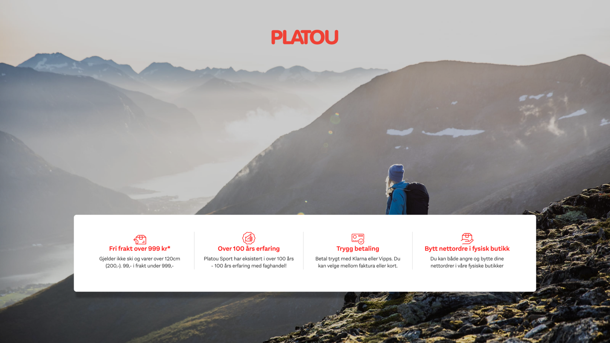 Platou Sport online store with a mountain image and customer benefits
